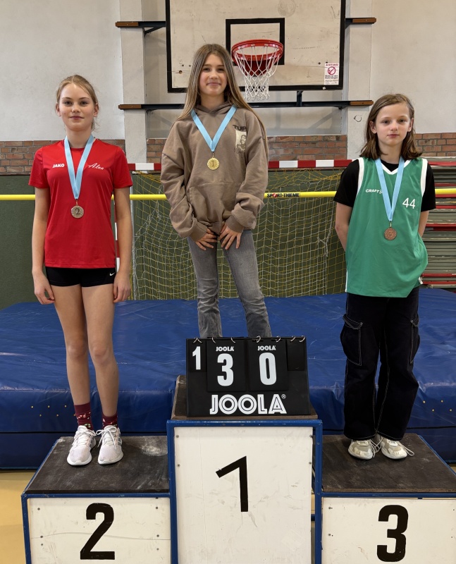 Hochsprung-Gold für Lotta Ribitzki aus Gingst (Mitte), die 1,30 Meter hochsprang. Auf den Plätzen 2 und 3 landeten Alva Brorson aus Dreschvitz (links) und Alina Rosentreter (rechts) von der Schule „Am Grünen Berg“ in Bergen. Foto: Martina Zabel